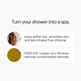 VivaSpring compact shower filter benefits listed.  Copy: Turn your shower into a spa.  Enjoy softer hair, smoother skin, and less inhaled free chlorine.  100% KDF Copper-zink filtration reduces contaminants naturally.