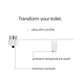 Brondell FreshSpa comfort+ essential bidet attachment slim profile front view.  copy: transform your toilet. ultra slim profile.  ambient temperature wash.  intuitive controls.
