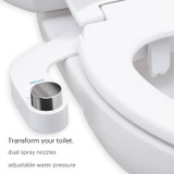 Brondell FreshSpa comfort+ essential bidet attachment with dual nozzle installed.  copy: transform your toilet. dual spray nozzles, adjustable water pressure.