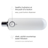 Cypress H630 water filtration system top view. copy: healthy hydration at the push of a button. easy, push-button dispenser.  sleek stylish countertop water filtration connects to your existing faucet.