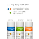 Cypress H630 water filtration system filters, easy replacement composite plus and carbon block filters every 6 months and nanotrap filter every 12 months.