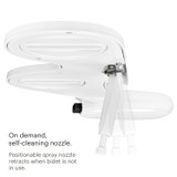 Brondell SouthSpa advanced single nozzle left-handed bidet attachment nozzle in action.  copy:  on demand, self-cleaning nozzle.  Positionable spray nozzle retracts when bidet is not in use.