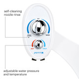 Brondell SouthSpa advanced single nozzle left-handed bidet attachment control from a top view.  copy:  self-cleaning nozzle rinse, adjustable water pressure and temperature.