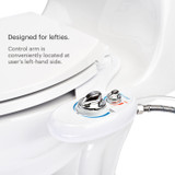 Brondell SouthSpa advanced single nozzle left-handed bidet attachment control attached to the toilet.  copy:  designed for lefties.  control arm is conveniently located at the user's left-hand side.