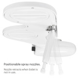 Brondell SouthSpa advanced left-handed bidet attachment with dual nozzle bottom.  copy: positionable spray nozzles. nozzle retracts when bidet is not in use.