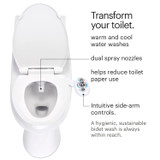 Brondell SouthSpa advanced left-handed bidet attachment with dual nozzle installed on toilet.  copy: transform your toilet.  warm and cool water washes, dual spray nozzles, helps reduce toilet paper use, intuitive side-arm controls.  A hygienic, sustainable bidet wash is always within reach