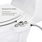 Brondell SouthSpa advanced left-handed bidet attachment with dual nozzle connected to hose.  copy:  designed for lefties.  control arm is conveniently located at the users lef-hand side.