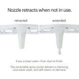 Brondell PureSpa essential bidet attachment with single nozzle retracted and extended.  copy: nozzle retracts when not in use.  enjoy a clean wash--front start to finish.  The retractable spray nozzle delivers a cleansing cool-water wash, and self-cleans on demand.