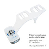 Brondell PureSpa essential bidet attachment with single nozzle top view.  Copy:  slides beneath your existing toilet seat.  designed for easy, DIY installation, fully adjustable toilet fit.
