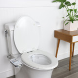 Brondell PureSpa essential bidet attachment with single nozzle installed in modern white bathroom with side table and plant accent