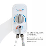 Brondell PureSpa advanced warm water bidet attachment with single nozzle control close up.  copy:  An affordable, warm water bidet connects to your clean incoming cool and hot water supply.