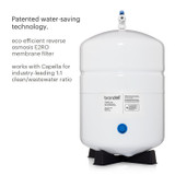 RF-50 Membrane Filter Replacement Filter close view of tank, works with Capella Reverse Osmosis Water Filtration System, leading the industry with 1:1 clean/wastewater ratio.  Patented water-saving technology.  Eco-efficient reverse osmosis E2RO membrane filter.