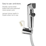Brondell SimpleSpa essential hand-held bidet sprayer in the holster. copy: Easy to use--and store.  flexible, spiral-metal bidet hose with patented inner-woven core.  sprayer stores neatly in holster when not in use.
