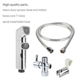Brondell SimpleSpa essential hand-held bidet sprayer parts.  copy:  High-quality parts.  heavy-duty sprayer head and holster, brass-core T-valve, spiral-metal bidet hose.