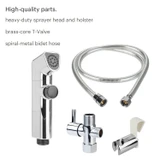Brondell SimpleSpa essential hand-held bidet sprayer parts.  copy:  High-quality parts.  heavy-duty sprayer head and holster, brass-core T-valve, spiral-metal bidet hose.