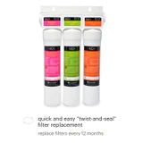 Coral UC300 Three stage under sink carbon block water filtration system filters.  copy: Quick and easy "twist and seal" filter replacements.  replace filters every 12 months.