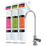 Coral UC300 Three stage under sink carbon block water filtration system with included chrome water faucet.