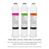 Coral UC300 Three stage under sink carbon block water filtration system filters.  copy: Quick and easy "twist and seal" filter replacements.  replace filters every 12 months.
