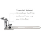 Brondell CleanSpa Easy Hand-held Bidet Holster with Integrated Shut Off.  copy: thoughtfully designed. integrated water shutoff knob, stainless steel holster body, easy, DIY installation.