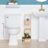 Brondell CleanSpa Easy Hand-held Bidet Holster with Integrated Shut Off installed in a clean white and blue bathroom