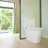 Brondell Swash CL2200 installed in a minimalist bathroom with large window displaying greenery outside.