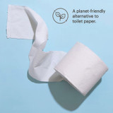 Swash Thinline T44 Luxury Bidet Toilet Seat with Side Arm Control is a planet-friendly alternative to toilet paper, shown with eco icon and partially unrolled roll  of toilet paper on light blue background to highlight sustainability.