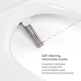 Brondell Swash Thinline T22 Luxury Bidet Toilet Seat with Side Arm Control has a self cleaning retractable nozzle with customizable water temperature and pressure.