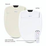 One white colored Brondell Swash 1400 bidet toilet seat in front of the biscuit colored Brondell Swash 1400 toilet seat each includes a wireless remote control