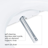 Brondell Swash SE400 bidet toilet seat includes self-cleaning and stainless steel nozzle, on-demand hygienic rinse, and warm air dryer.