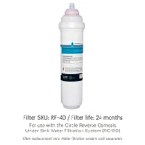 Circle Reverse Osmosis Membrane Filter Replacement (RF-40) has 24 month replacement schedule.  For use with the Circle Reverse Osmosis under sink water filtration system (RC100)