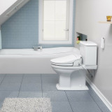 Brondell Swash SE600 bidet toilet seat installed in a bathroom from a side view