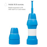 GoSpa Collapsible Travel Bidet GS-60 in blue, collapsed, compared to fully extended.  copy:  holds 16.9 ounces.  Bottle expands to fill with warm or cool water.