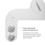 SSE-25 Fully adjustable water temperature. Connects to your sink's incoming hot water supply, providing luxurious warm water washes.  Close top view of control dials.