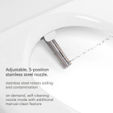 Swash Thinline LS1800 luxury bidet toilet seat's stainless steel nozzle showing one of 5 water spray positions.  Copy highlights Adjustable, 5 position stainless steel nozzle.  Stainless steel resists soiling and contamination.  On-demand, self-cleaning nozzle mode with additional manual-clean feature.