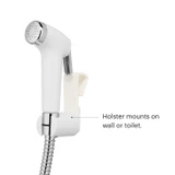 Brondell PureSpa Essential Hand-held Bidet Sprayer  white on holster. copy: holster mounts on wall or toilet.