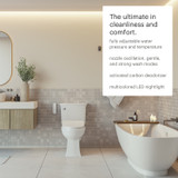 Brondell T66 Swash eco Thinline bidet installed in modern clean bathroom with light wood floating cabinet and large soaking tub.  copy: The ultimate in cleanliness and comfort.  Fully adjustable water pressure and temperature.  Nozzle oscillation, gentle, and strong wash modes.  Activated carbon deodorizer.  Multicolored LED nightlight.