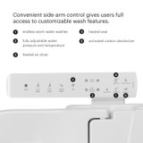 image of T22 Open Front Less Cover toilet bidet seat. Convenient side-arm control gives users full access to customizable wash features highlighting endless warm water washes, fully adjustable water pressure and temperature, heated air dryer, heated seat, and activated carbon deodorizer.