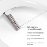 image of T22 Open Front Less Cover toilet bidet seat. self-cleaning retractable nozzle featuring 5-position stainless steel nozzle, automatically self-cleans, nozzle retracts when bidet not in use, designed for easy maintenance and upkeep.
