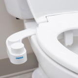 Omigo Element plus bidet attachment front view installed on standard toilet with seat