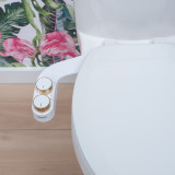 Omigo Element plus bidet attachment top view of controls in gold, installed in a designer bathroom with tropical wallpaper.