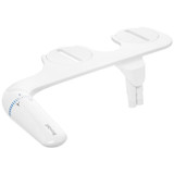 EasySpa Bidet Attachment with ergonomic controls and dual nozzles mounted on a toilet, white design with easy-to-reach side dial, adjustable spray settings for front and rear cleansing, simple install