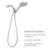 Forward profile of Chrome Brondell Nebia Merced 4-Setting Commercial with white background.  Feature description reads: Simple, DIY installation.  Installs in minutes on existing shower arm.  Universally compatible. No need for a plumber or specialized tools.