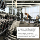 Weights in a gym with a woman working out in the background.  A planet-friendly solution for commercial settings.  Reduce water and energy expenses for hotels, gyms, spas, rental properties, and more.