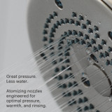 Close up image of Chrome Brondell Nebia Merced 4-Setting Commercial Handshower nozzles.  Feature description reads: great pressure, less water. Atomizing nozzles engineered for optimal pressure, warmth, and rinsing.