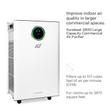 Aurabeat 3800 Large Capacity Commercial Air Purifier with digital display and caster wheels. Graphic highlights improved indoor air quality, 517 CFM airflow, and coverage up to 3,875 sq. ft.