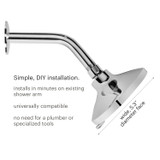 Image of the side profile of the showerhead with text that reads: simple, DIY installation.  Installs in minutes on existing shower arm.  universally compatible.  No need for a plumber or specialized tools.