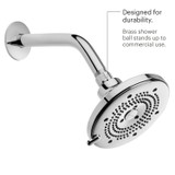 Image of the showerhead with text that reads: designed for durability.  Brass shower ball stands up to commercial use.