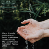 Image of water being poured into cupped hands describing sustainability of the showerhead.  Feature description reads: Plant-friendly performance. Holds WaterSense certification by the EPA.