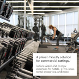 An image of a gym with a woman in the background working out with a text box describing the versatility of the showerhead.  Feature description reads: a planet-friendly solution for commercial settings.  reduce water and energy expenses for hotels, gyms, spas, rental properties, and more.