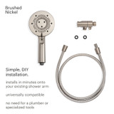 Brondell Nebia Yuba 5-Setting Handshower shower  in brushed nickel, close view of included parts.  Copy:  Simple, DIY installation.  installs in minutes onto your existing shower arm, universally compatible, no need for a plumber or specialized tools.